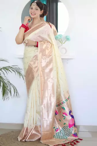 White woven design zari paithani silk saree saree with unstitched blouse