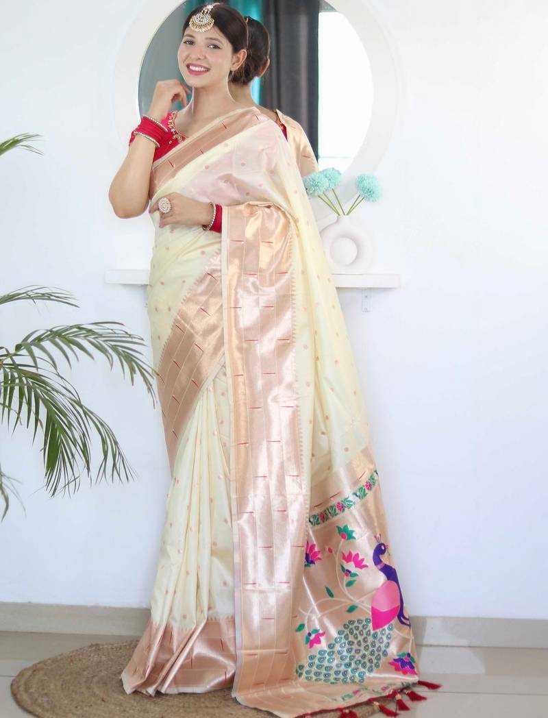 White woven design zari paithani silk saree saree with unstitched blouse