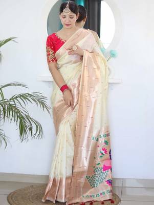 White woven design zari paithani silk saree saree with unstitched blouse 2