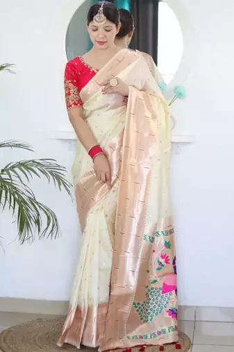 White woven design zari paithani silk saree saree with unstitched blouse