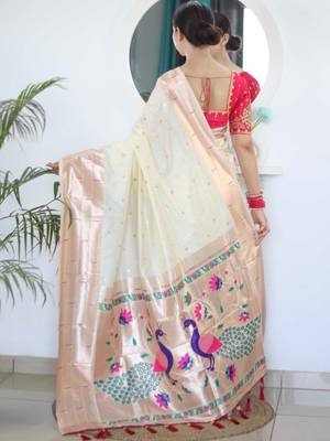 White woven design zari paithani silk saree saree with unstitched blouse 3