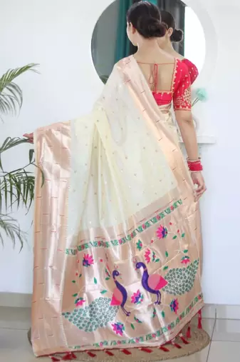 White woven design zari paithani silk saree saree with unstitched blouse