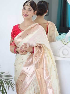 White woven design zari paithani silk saree saree with unstitched blouse 4