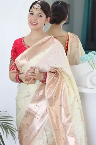 White woven design zari paithani silk saree saree with unstitched blouse