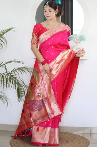 Pink woven design zari paithani silk saree saree with unstitched blouse