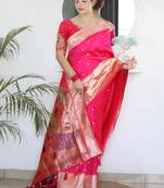 Pink woven design zari paithani silk saree saree with unstitched blouse