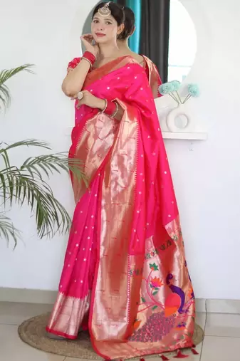 Pink woven design zari paithani silk saree saree with unstitched blouse