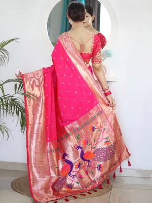 Pink woven design zari paithani silk saree saree with unstitched blouse 3