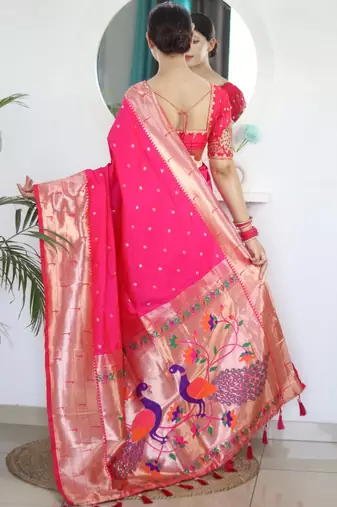 Pink woven design zari paithani silk saree saree with unstitched blouse