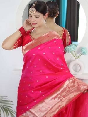 Pink woven design zari paithani silk saree saree with unstitched blouse 4