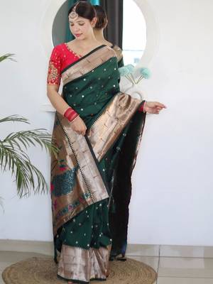 Green woven design zari paithani silk saree saree with unstitched blouse 1