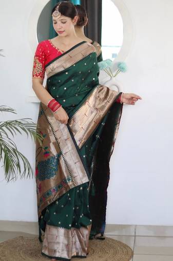 Green woven design zari paithani silk saree saree with unstitched blouse