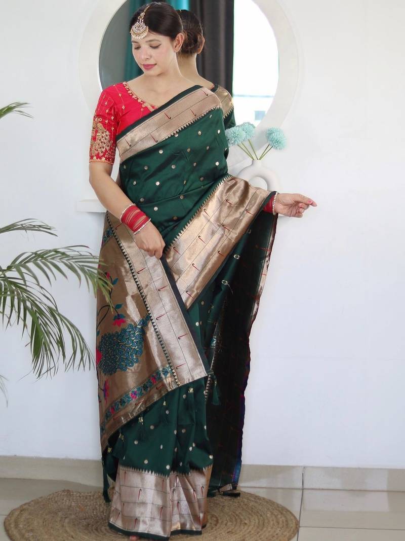 Green woven design zari paithani silk saree saree with unstitched blouse