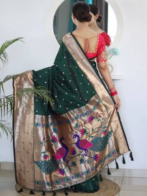 Green woven design zari paithani silk saree saree with unstitched blouse 2