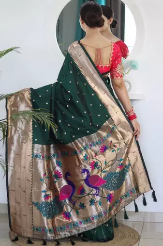 Green woven design zari paithani silk saree saree with unstitched blouse