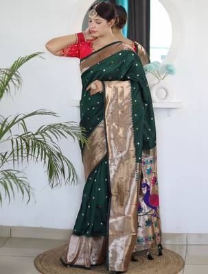 Green woven design zari paithani silk saree saree with unstitched blouse 3