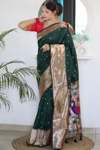 Green woven design zari paithani silk saree saree with unstitched blouse