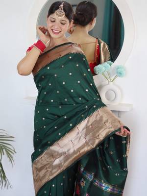 Green woven design zari paithani silk saree saree with unstitched blouse 4