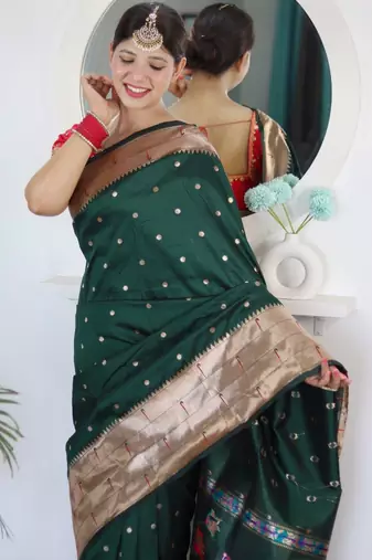 Green woven design zari paithani silk saree saree with unstitched blouse