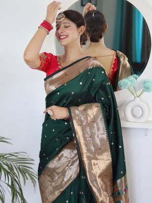 Green woven design zari paithani silk saree saree with unstitched blouse 5