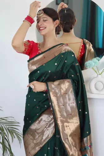 Green woven design zari paithani silk saree saree with unstitched blouse