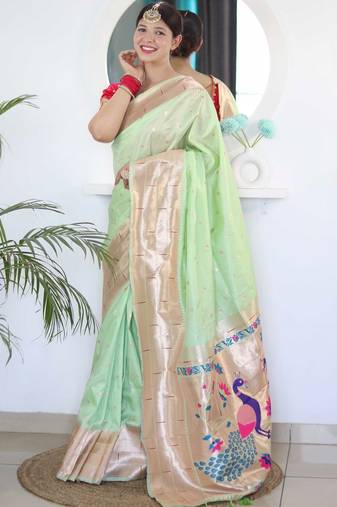 Green woven design zari paithani silk saree saree with unstitched blouse