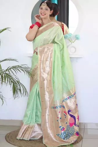 Green woven design zari paithani silk saree saree with unstitched blouse