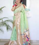 Green woven design zari paithani silk saree saree with unstitched blouse