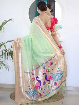 Green woven design zari paithani silk saree saree with unstitched blouse 2