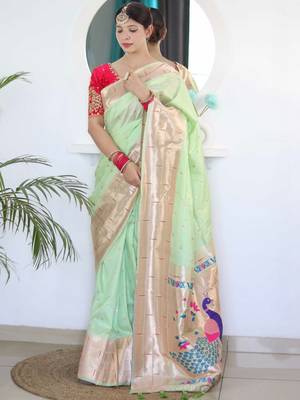Green woven design zari paithani silk saree saree with unstitched blouse 3