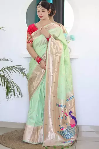 Green woven design zari paithani silk saree saree with unstitched blouse