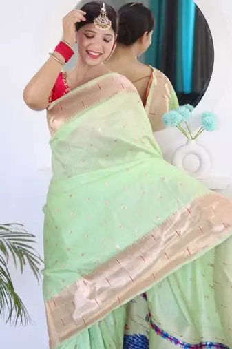 Green woven design zari paithani silk saree saree with unstitched blouse
