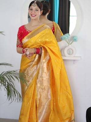 Yellow woven design zari paithani silk saree saree with unstitched blouse 2