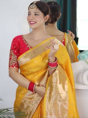 Yellow woven design zari paithani silk saree saree with unstitched blouse 3