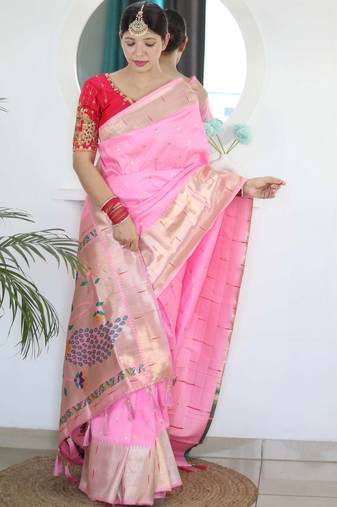 Pink woven design zari paithani silk saree saree with unstitched blouse