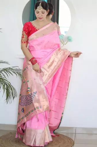 Pink woven design zari paithani silk saree saree with unstitched blouse