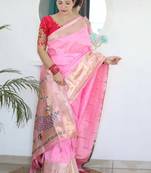 Pink woven design zari paithani silk saree saree with unstitched blouse