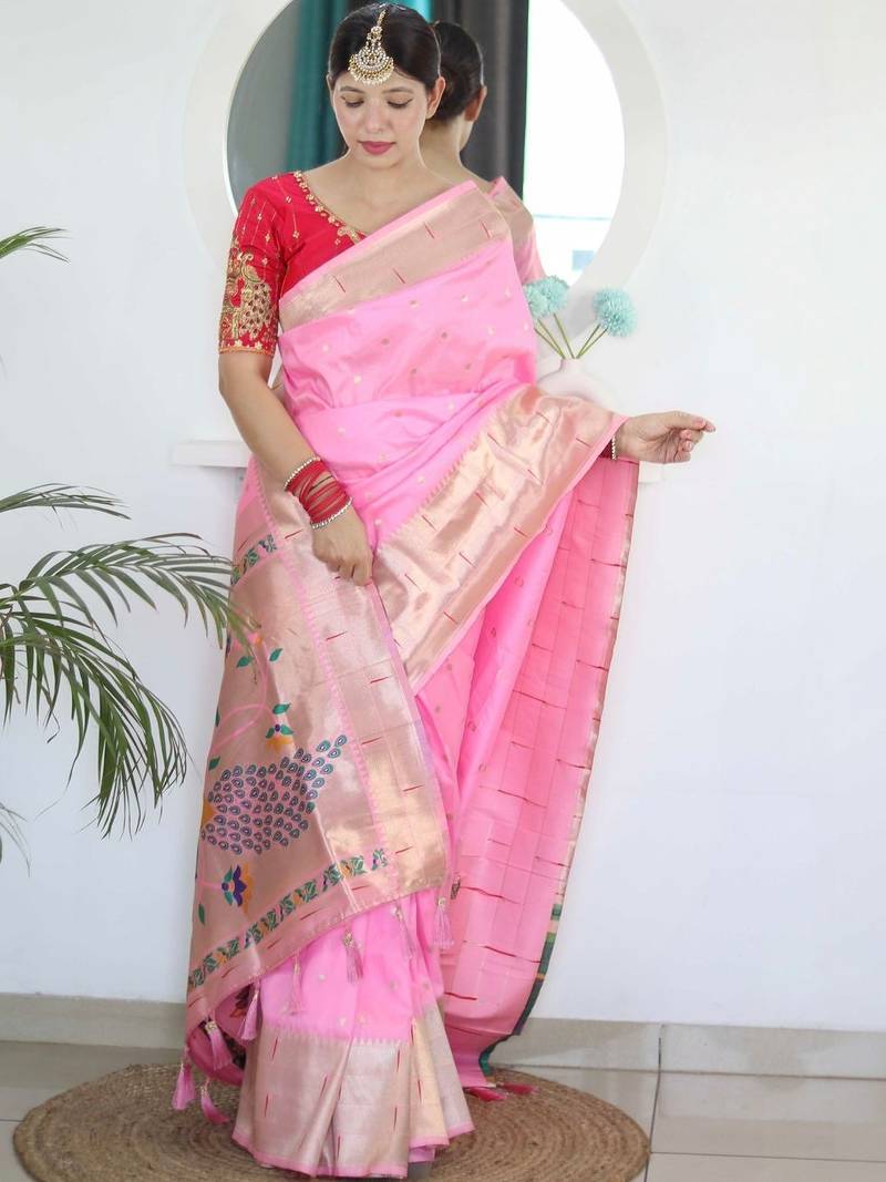 Pink woven design zari paithani silk saree saree with unstitched blouse