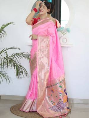 Pink woven design zari paithani silk saree saree with unstitched blouse 2