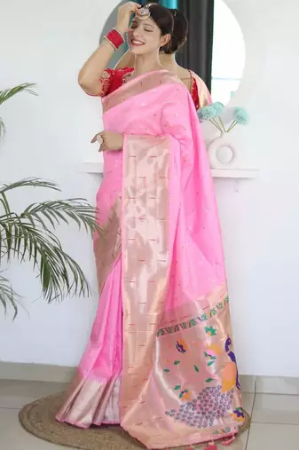 Pink woven design zari paithani silk saree saree with unstitched blouse