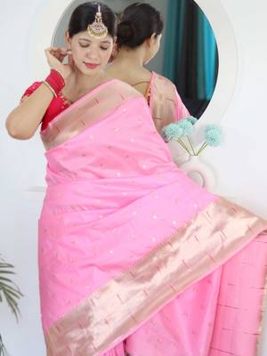 Pink woven design zari paithani silk saree saree with unstitched blouse 3
