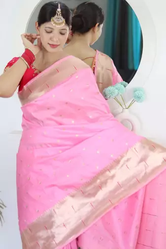 Pink woven design zari paithani silk saree saree with unstitched blouse