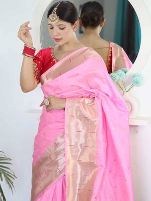 Pink woven design zari paithani silk saree saree with unstitched blouse 4