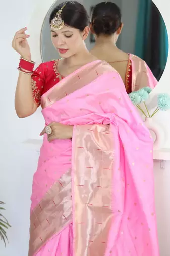 Pink woven design zari paithani silk saree saree with unstitched blouse
