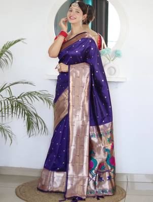 Purple woven design zari paithani silk saree saree with unstitched blouse 1