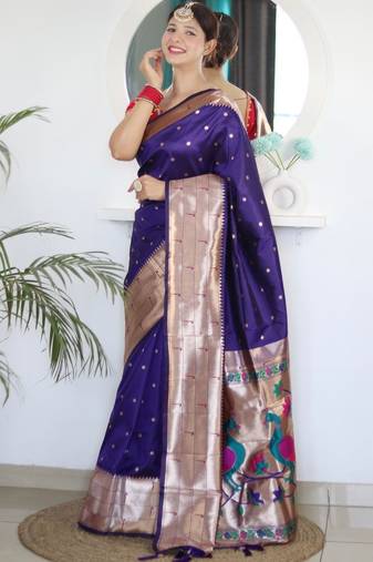 Purple woven design zari paithani silk saree saree with unstitched blouse