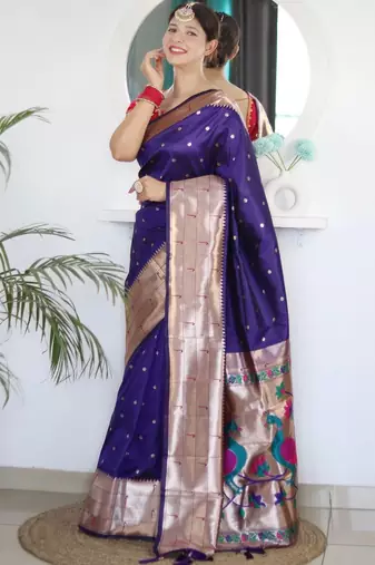 Purple woven design zari paithani silk saree saree with unstitched blouse
