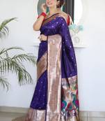 Purple woven design zari paithani silk saree saree with unstitched blouse