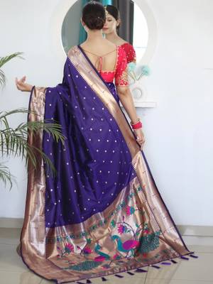 Purple woven design zari paithani silk saree saree with unstitched blouse 2