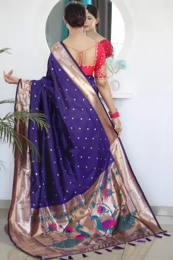Purple woven design zari paithani silk saree saree with unstitched blouse
